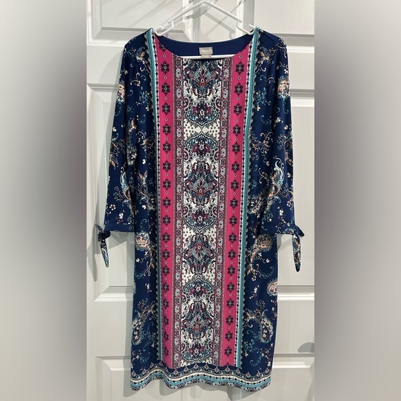 Chico's Medallion-Print Tie-Sleeve Dress Knee Length Stretch Shift Size M (8) - Picture 1 of 10